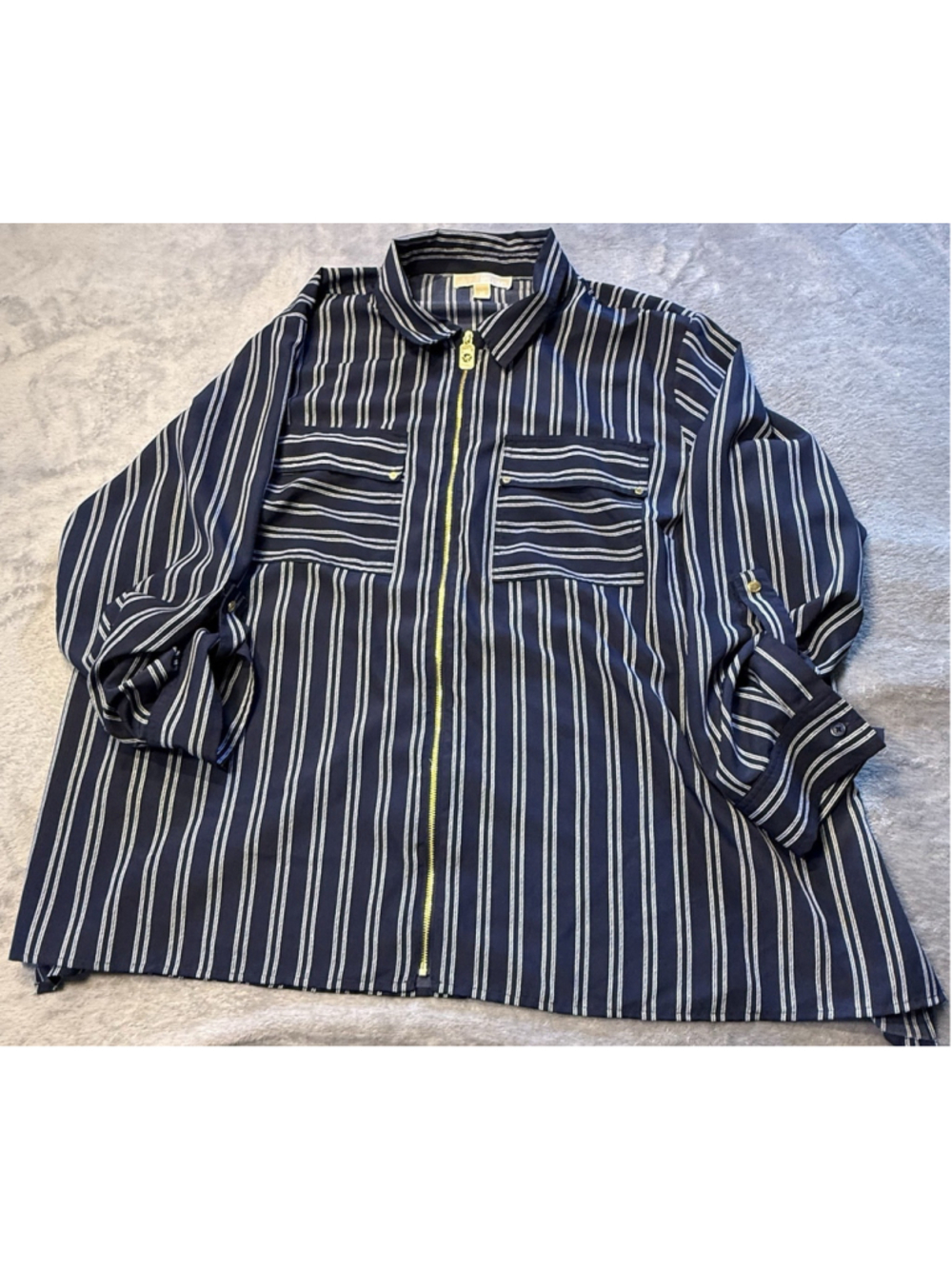 Michael Kors Top Women M Blue White Striped Zip Tunic Roll Tab Sleeves Pockets